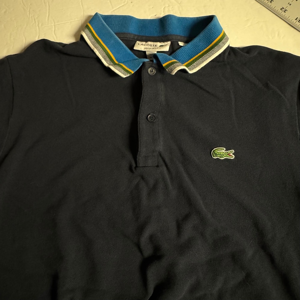 Lacoste Regular Fit Navy Blue Cotton Polo Shirt Striped Collar US M FR 4 FA10614